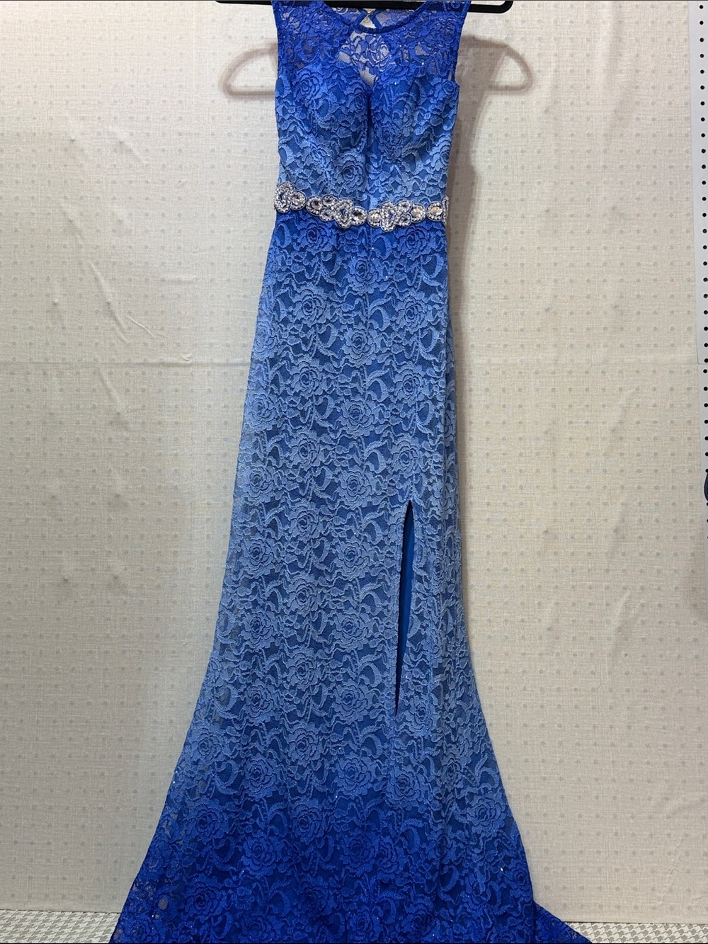 City Triangles Blue Ombre Lace Prom Gown with Beaded Waist